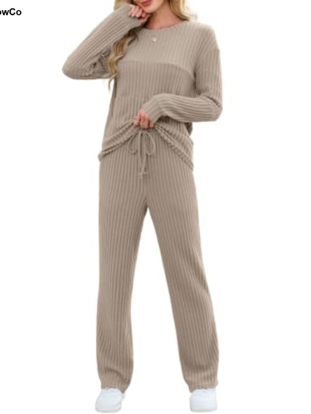 Women's Two Piece Lounge Set Ribbed Long Sleeve Top Wide Leg Pants